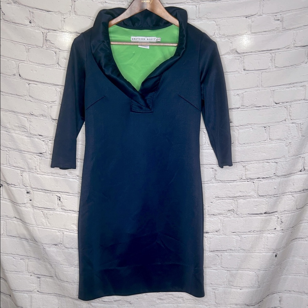 Gretchen Scott Navy Blue Ruffled Collar Dress Size X-Small Excellent Condition